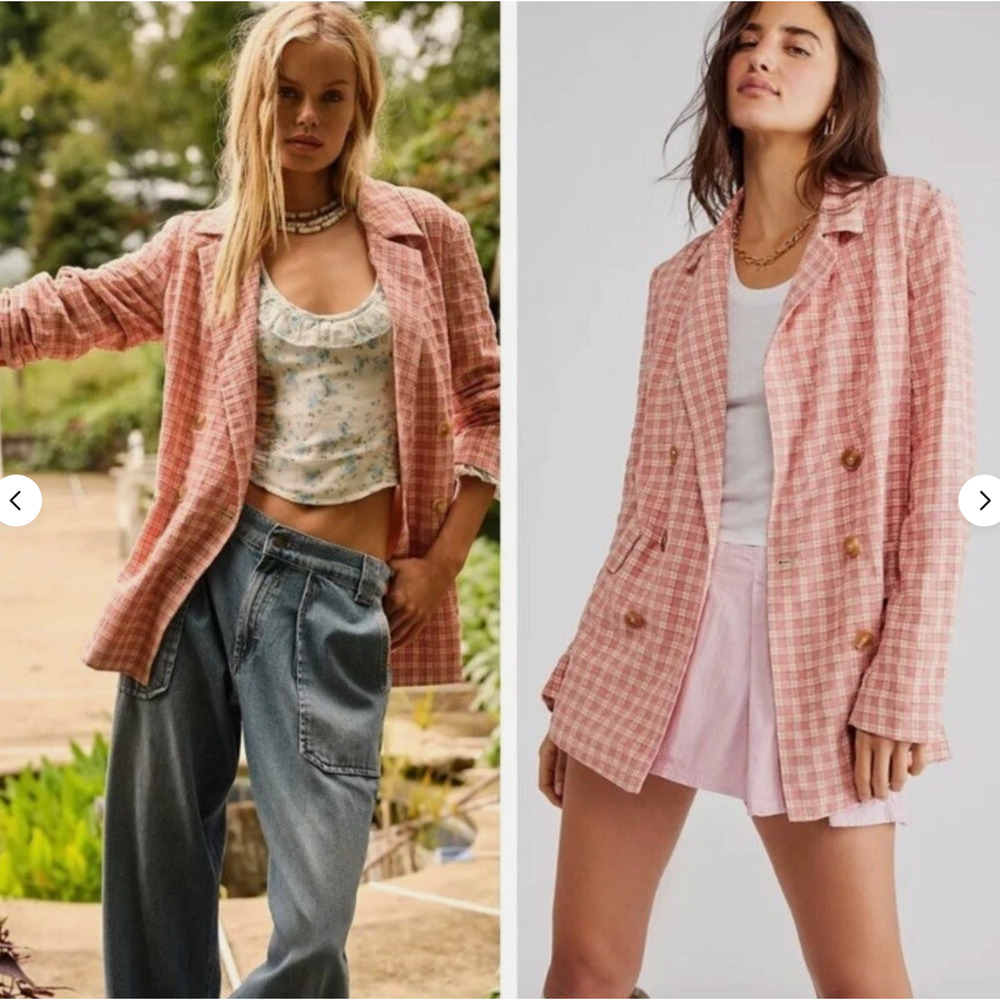 Free People Pink Plaid Double-Breasted Blazer Jacket